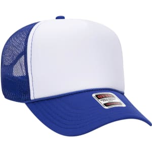 A blue and white 5 panel mid-profile trucker cap with a mesh back and an attached logo.
