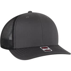 A grey 6 panel mid-profile trucker cap with a mesh back and a branded label on the front.