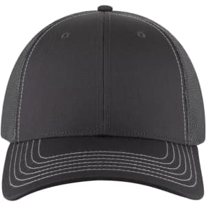 A low profile trucker cap in black with contrasting stitching and a mesh back. It features a logo on the front.