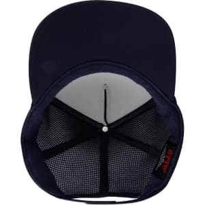 A high crown trucker hat in navy blue featuring a mesh back and a structured front panel. It includes a logo.