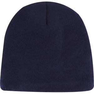 A navy blue classic knit beanie with a simple design and a logo.