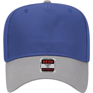 A blue 5 Panel Mid Crown Baseball Cap with a grey brim, featuring a logo on the front.