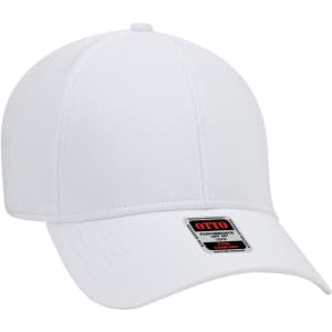 A white UPF 50+ six-panel low profile baseball cap featuring a logo on the front.