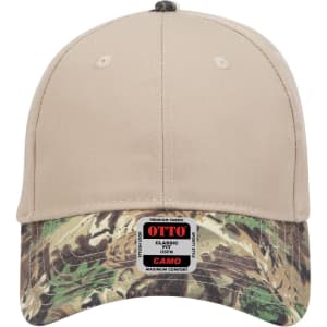 A beige and camo-patterned six-panel low profile baseball cap with a logo on the front.