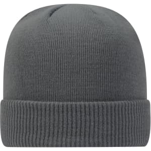 A grey classic knit beanie featuring a rolled cuff and a textured knit design. It has a logo on the side.