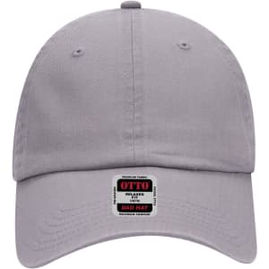 A grey six-panel low-profile dad cap with a logo and adjustable strap at the back.