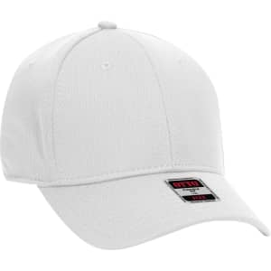 A white six-panel low profile baseball cap with a branded tag. It features a flexible fit design.