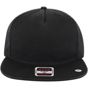 A black 5 panel low profile dad cap featuring a flat peak and a front logo label.
