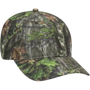 A camo-patterned 6 panel low profile baseball cap featuring shades of green and brown with a branding logo.