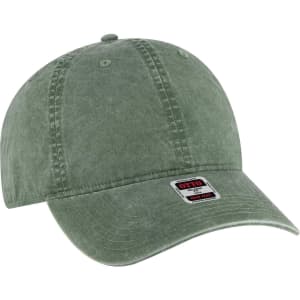 A green 6-panel low-profile dad cap with a logo tag. The fabric has a textured, worn appearance.