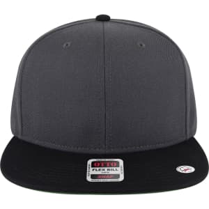A mid-profile snapback cap in grey with a black bill and green undervisor, featuring a logo on the front.