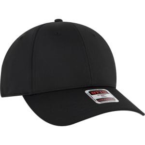 A black 6 panel low profile baseball cap with a curved brim and a logo on the side.