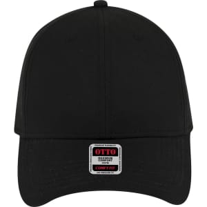 A black six-panel low profile baseball cap with a logo tag on the front.