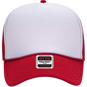 A red and white 5-panel mid profile trucker cap with mesh sides and a branded label on the underside of the brim.