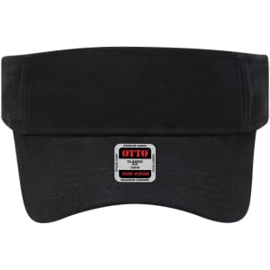 A black sun visor with a wide brim and a logo label at the front.