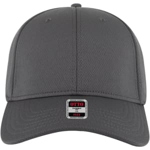 A grey, low-profile, six-panel baseball cap with a flexible fit and a logo on the front.