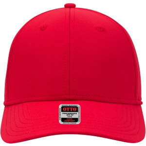 A red UPF 50+ 6 panel low profile baseball cap with a logo on the front.
