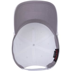 A white 5 panel mid-profile baseball cap with a grey underside and a logo on the interior.
