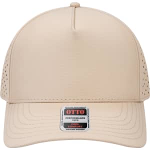 A beige 5 panel mid-profile baseball cap featuring a perforated design and a branded label at the front.