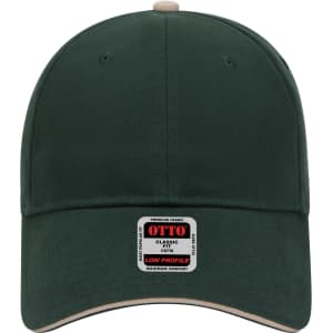 A dark green low profile baseball cap with a light-coloured brim and a logo on the front.