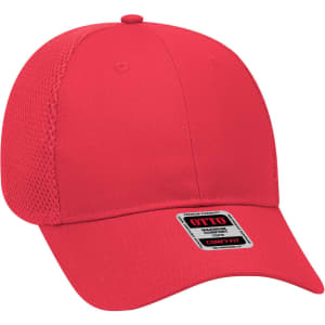 A red six-panel low-profile baseball cap with mesh detailing and a logo on the front.