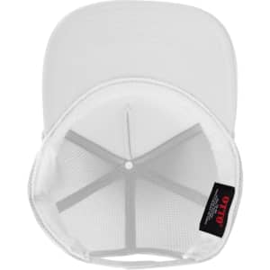 A 5 panel high crown air mesh back trucker hat in white, featuring a logo and a breathable mesh interior.