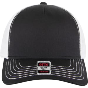 A black and white 5 Panel Low Profile Trucker Cap with a logo on the front and contrasting stitching.