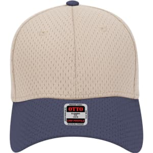 A low profile baseball cap in beige with a navy peak and a logo on the front.