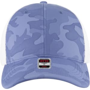 A low-profile trucker cap in blue camouflage with a white mesh back and a logo on the front.