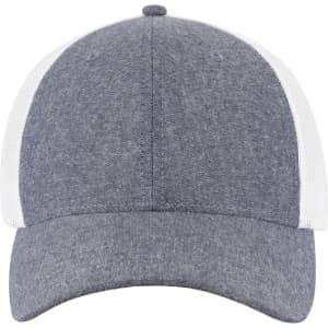 A grey low-profile trucker cap featuring a dark grey front and white mesh back, complete with a logo.