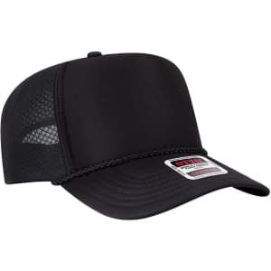 A black 5 Panel High Crown Air Mesh Back Trucker Hat with a textured front and a logo on the side.