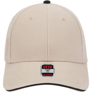 A beige 6 panel low profile baseball cap with an adjustable back and a logo label at the front.