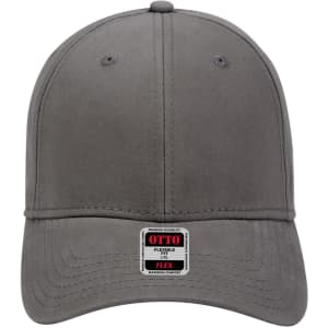 A grey 6 panel low profile baseball cap with a flexible fit and a logo at the front.