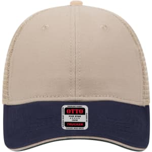 A beige and navy 6 panel low profile trucker cap with a branded label on the front.