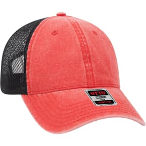 A red and black low profile trucker cap featuring a mesh back and a front panel with a branding label.
