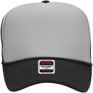 A high crown trucker cap in grey and black with an adjustable back and a logo on the front.