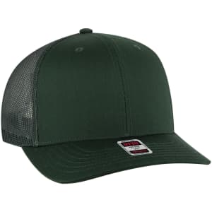 A green 6 panel mid profile trucker cap featuring a mesh back and a subtle brand logo.