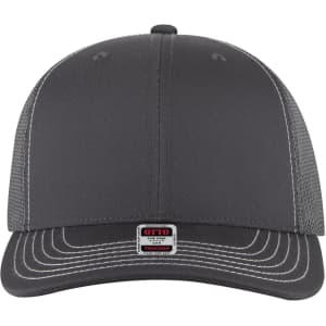 A grey 6-panel mid-profile trucker cap with a mesh back and a logo on the front.