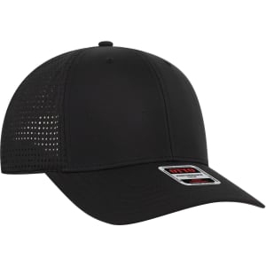 A black six-panel mid-profile baseball cap with a mesh side and a branded tag.