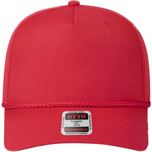 A red 5 panel mid profile baseball cap with a braided band and a logo on the front.