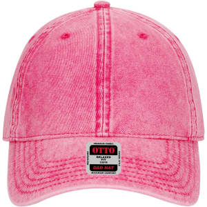 A pink 6 panel low profile dad cap made from premium fabric, featuring a logo on the front.