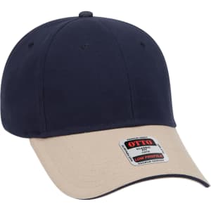 A navy and beige low profile baseball cap featuring a branded label on the side.