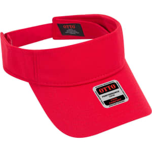 A red sun visor with a wide brim and adjustable strap. It has a logo and label on the inside.