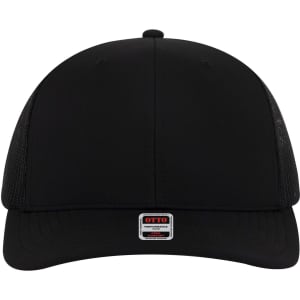 A black Mid Profile Trucker Cap with mesh panels and a branded label on the front.