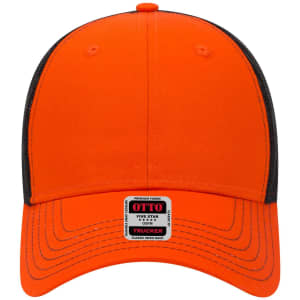 An orange low profile trucker cap with a black mesh backing and a branded label on the front.