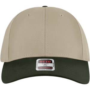 A low-profile 6 panel baseball cap featuring a beige crown and dark green brim, with a logo on the front.