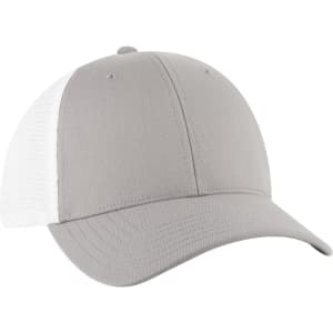 A low profile trucker cap featuring a grey front and white mesh back, complete with a logo.