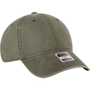 A low-profile dad cap in olive green with decorative stitching and a logo on the tag.