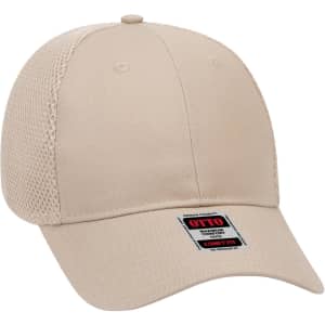 A beige low-profile baseball cap with mesh panels and a logo on the front.