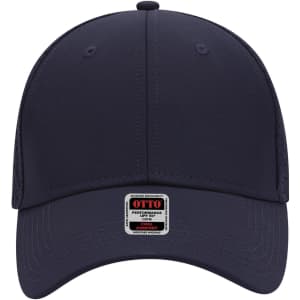 A navy 6 panel low profile baseball cap featuring a logo on the front and ventilation holes on the sides.